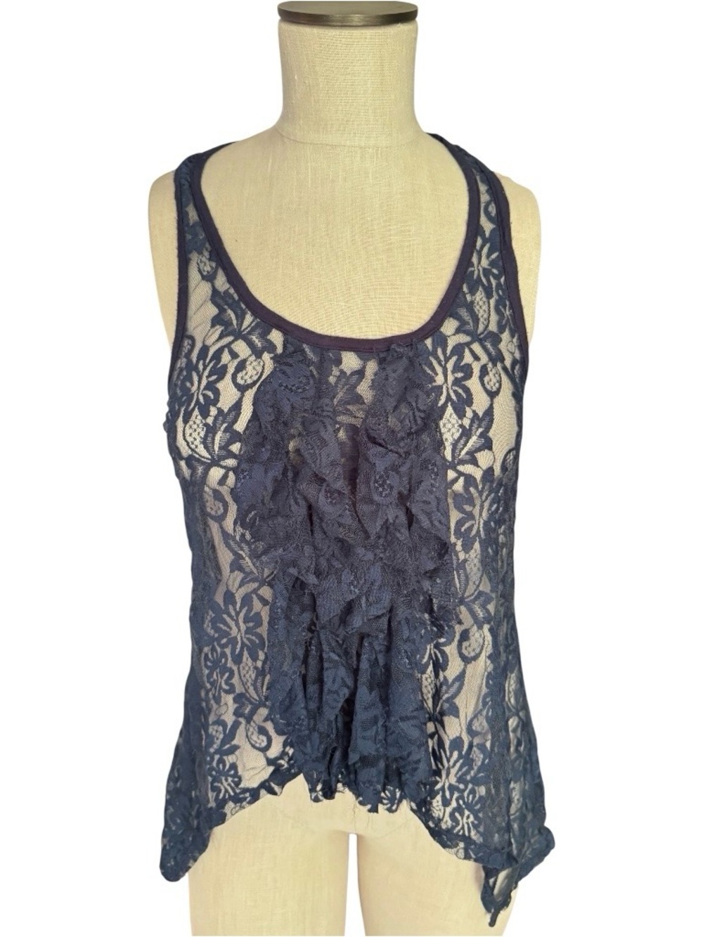 Vintage MOONSTAR Navy Lace Y2K Sheer Racerback Ruffle Front Tank Top Sz M